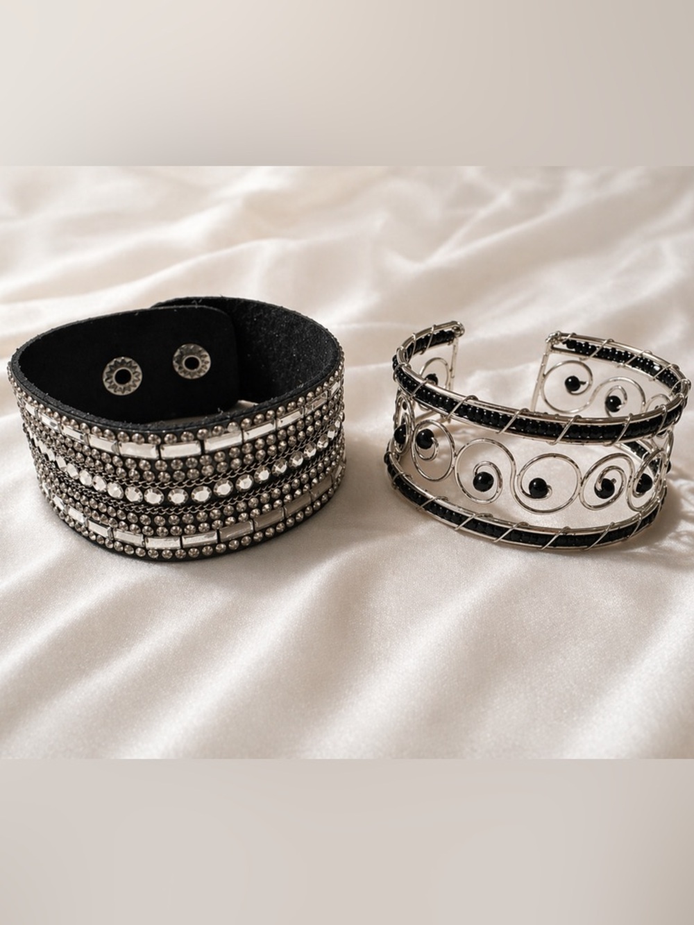 Black Rhinestone Cuff & Silver Filigree Bracelet Bundle Set of 2 Boho Statement